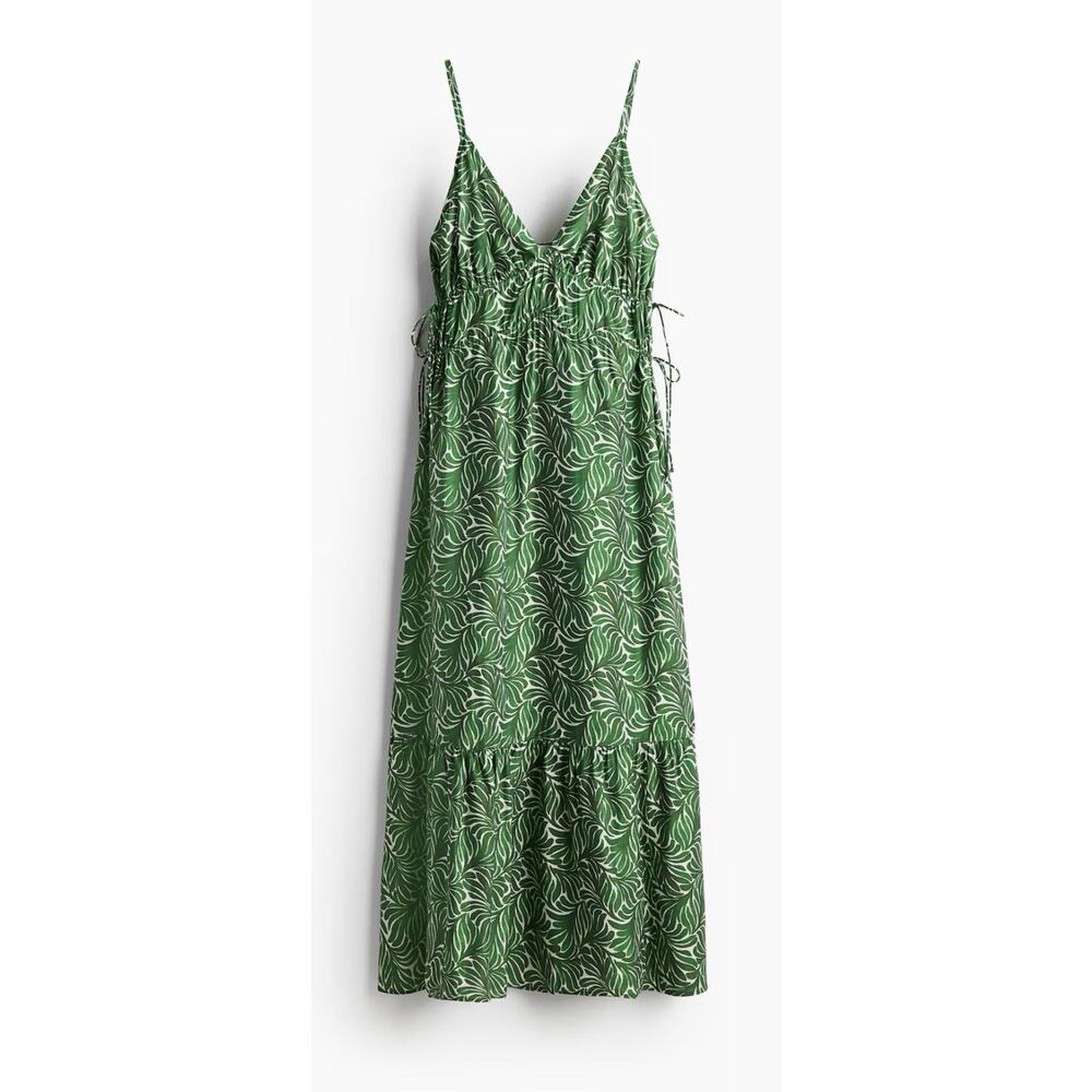 H&M Drawstring Maxi Dress Size Small Cinch Waist Banana Leaf Resortwear Beach